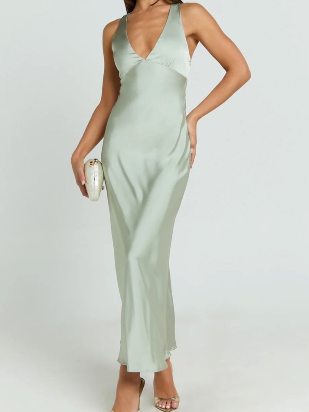 SHOWPO KHALANI SAGE DEEP V NECK SATIN SLIP DRESS
